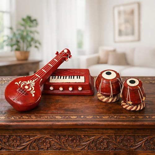Image of Premium Terracotta Clay Miniature Musical Instruments Combo | Handmade Clay Tabla Veena Harmonium Showpiece for Home Decor, Return Gift, Table Decoration, Indian Handicraft (Large)