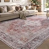 YOH Boho Washable Rug 5x7, Rust Red Vintage Non Slip Area Rug, Distressed Indoor Carpet for Living Room Bedroom Kitchen Office