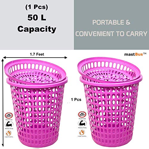 Image of Plastic Laundry Basket With Lid Big Size For Clothes 50 Litre Hamper Bag Dress Storage Toys Organiser Cover Combo With Cap Heavy Duty Round Shape (2 Pcs, Pink)