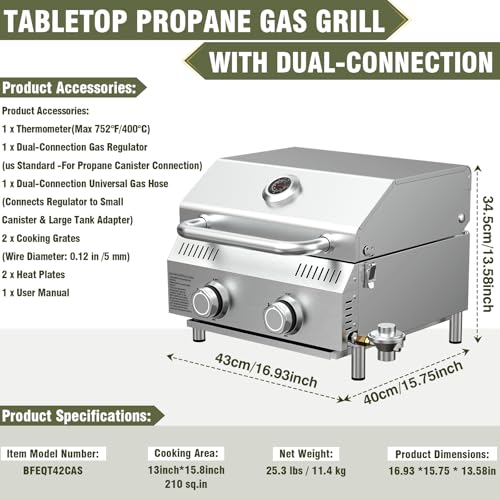 Image of Bestfire Tabletop Propane Gas Grill 2 Burners- Dual Connections, 20,000 BTUs Stainless Steel Portable Grill Fits Large Gas Cylinders and Small Canisters for Outdoor Camping and RV Trips