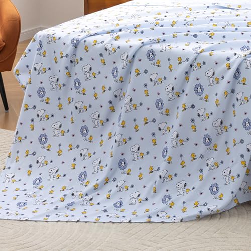 Berkshire Peanuts Twin Flat Sheet (Only) Brushed Microfiber Sheet with Cute Snoopy Characters Soft Breathable Easy-Care Bedding for Peanuts Fans Woodstock Flowers Periwinkle