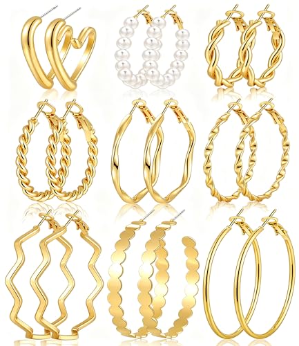 Image of 12 Pairs Gold Hoop Earrings Set for Women, Lightweight Hoop Jewelry
