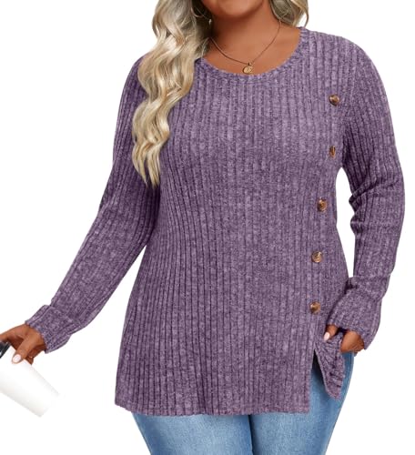 Image of HOTGIFT Womens Plus Size Sweater Tops Long Sleeve Crewneck Casual Tunic Shirts Buttons XL-5XL Blouse Soft Comfy Fashion
