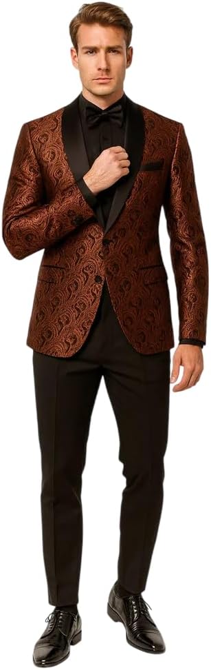 Mens Rust Copper Brick Color Paisley Tuxedo Jacket Dinner and Wedding Blazer with Black Pants Matching Bowtie