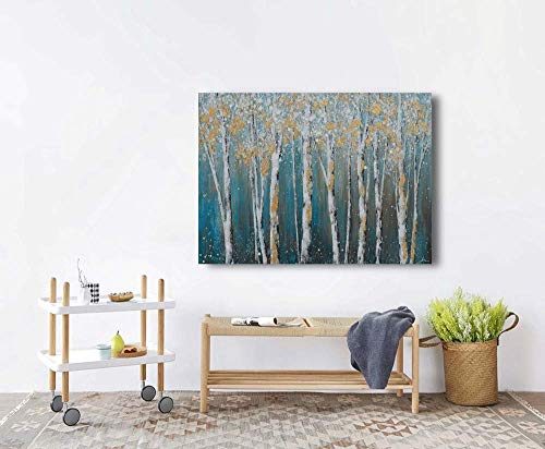 Image of Yihui Arts Canvas Wall Art Blue Tree Forest Landscape Picture Prints, Modern Birch Trees Nature Woods Abstract Artwork Framed Ready to Hang for Home Office Living Rooms (Gold Foil, 20Wx28L)