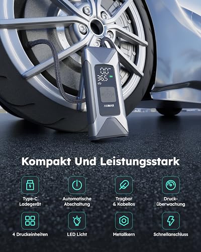 ASMAX T10 Elektrische Luftpumpe 160 PSI/11 Bar, Tragbare Akku Fahrradpumpe – Bild 2