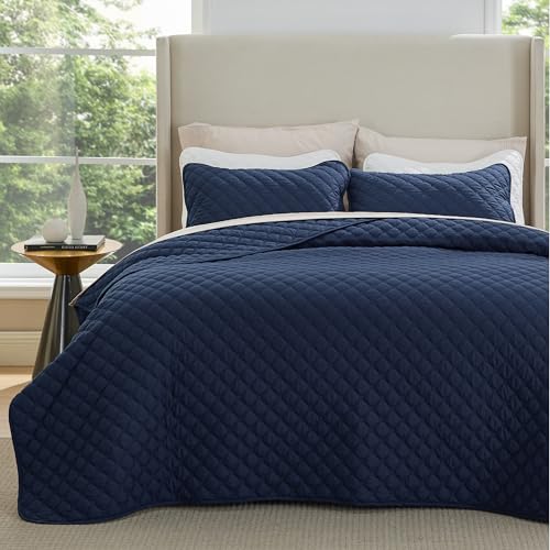 Image of Bedsure Quilts Queen Size - Lightweight Queen Comforter Set with Classic Honeycomb Quilting, Soft Quilt Bedding Set, Navy Bedspreads Coverlet for All Seasons with 2 Pillow Shams (90 inch x 96 inch)