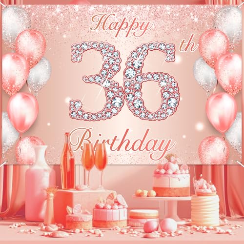 Image of Happy 36th Birthday Rose Gold Banner Cheers to 36 Years Old Backdrop Confetti Balloons Theme Decor for Women 36 Years Old Pink Birthday Party Decorations Bday Supplies Background Favors Gift Glitter