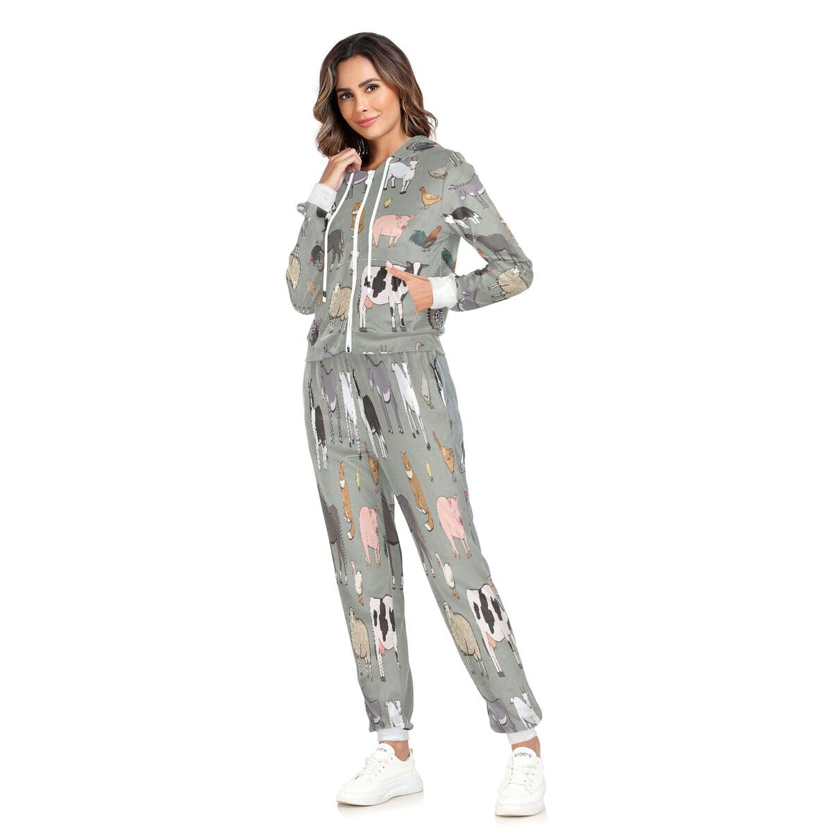 Conjunto deportivo de 2 piezas para mujer, diseño de caballo, vaca, oveja, cabra, manga larga, color gris