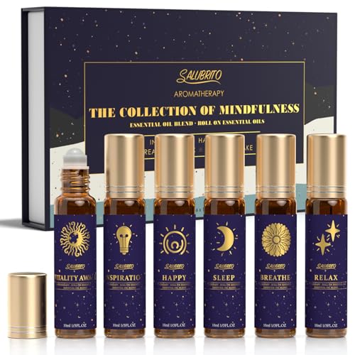 SALUBRITO Ätherische Öle Set, Roll On Ätherische Ölmischungen Wohlbefinden Kit - Schlafen, Atmen, Entspannen, Glücklich, Aufwachen, Rolle Geschenkset für Frauen