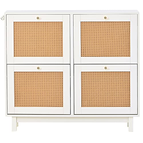 Merax Rattan Free Standing Shoe Rack With 4 Flip Drawers, Modern 2-Tier Storage Cabinet With Large Space For Entrance Hallway, Boho Style, White #TOP7