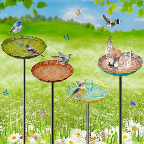 MeyRolizn Metal Flower Bird Bath for Outside, Small Hummingbird Bath Bowl Detachable Birdfeeder Bowl Garden Decor for Outdoor Yard Lawn (4PCS-Flowers)
