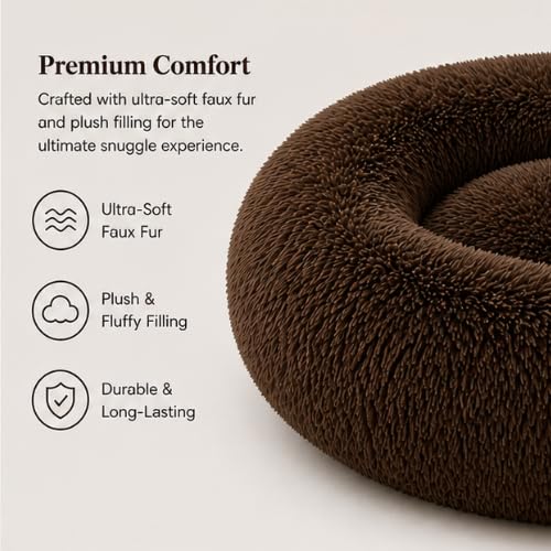 Image of Premium Small Dog & Cat Bed, Calming Plush Round Pet Bed with Raised Rim, Anti-Slip Base & Washable Design (Brown)
