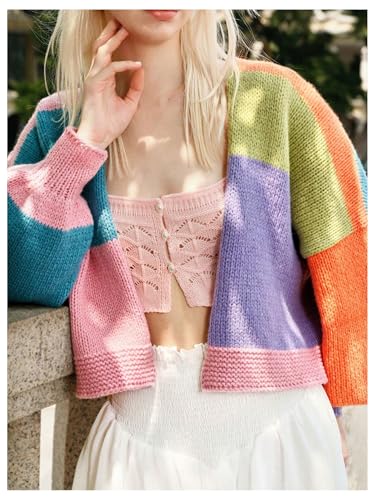 Image of MakeMeChic Women's Colorblock Colorful Open Front Cardigan Sweaters Lantern Sleeve Knitted Y2K Cardigan Multicolor Medium
