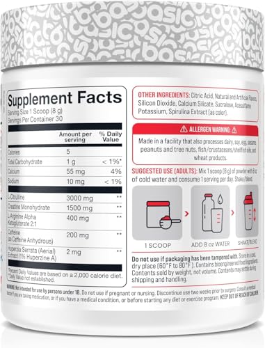 Image of Basic Pre-Workout with 200mg Caffeine and 3000mg Citrulline for Energy, Focus, and Strength Support, No Beta-Alanine Tingles, Vegan, Gluten-Free, Sugar-Free
