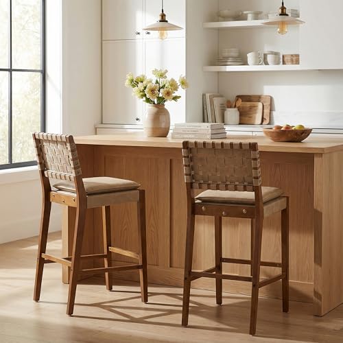 Christopher Knight Home Caitlyn Butaco de Altura para Barra Set de 2, Butaco de Cuero PU para Isla de Cocina, Silla de Comedor de Madera, Butaco con Reposapiés, Marrón Claro+Nogal miniatura 4
