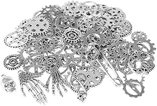 BIHRTC 140 Gram Steampunk Gears DIY Assorted Color Antique Metal Steampunk Watch Gear Cog Wheel Skull Musical Note Skull Hand Safety Pin Charms Bracelet for Jewelry Making Crafting Silver Gears