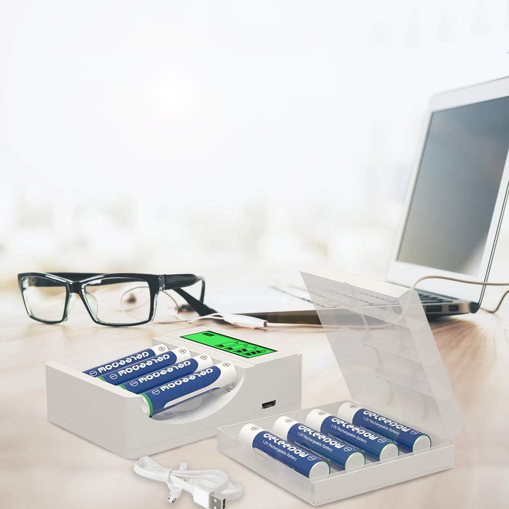 Deleepow AA NiMH Rechargeable Batteries 3300mAh (16 Pack) & AAA Ni-MH 1100mAh (8 Pcs) with LCD Smart Charger for Rechargeable AA & AAA.