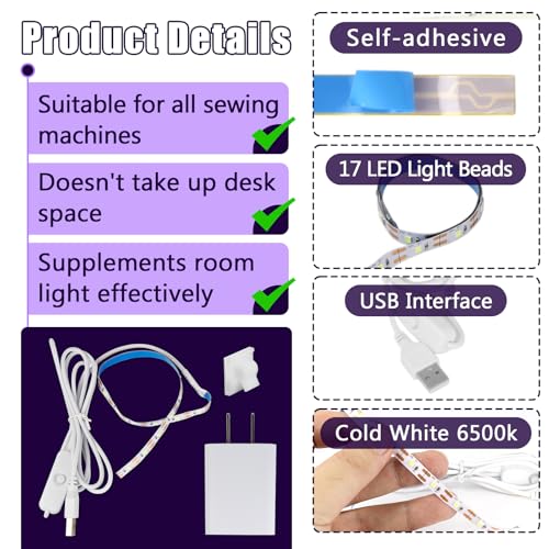 Image of 3Pcs Sewing Machine Light Strip with Pushbutton Dimmer, 12in Sewing Machine Lights Led Strip with 17LEDS, Daylight White Sewing Machine Light Fits All Sewing Machines