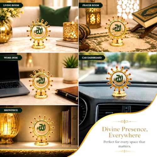 Image of Allah Calligraphy Idol Metal Gold Plated for Home, Prayer, Islamic Elegant Showpiece in Crystal Stones & Sunburst Design for Office, Car Dashboard & Gifts