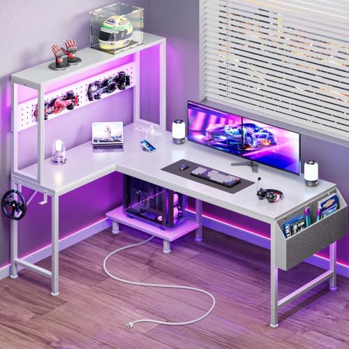 PRAISUN L Shaped Gaming Desk with LED Lights & Power Outlets