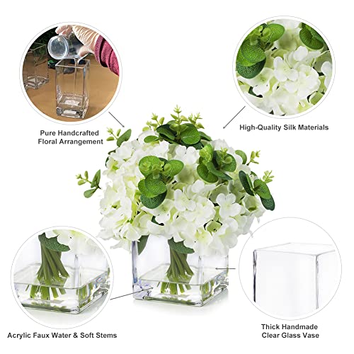 Enova Floral Silk Hydrangea Artificial Flowers With Vase, Mixed Fake White Hydrangea Flowers And Greenery In Faux Water Vase For Dining Table Decoration, Wedding Centerpieces (Cream White) #TOP2