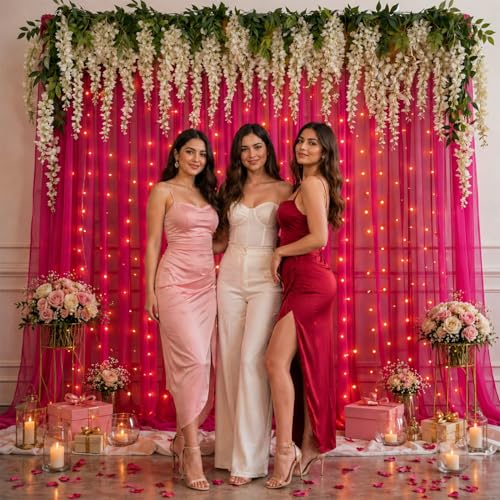 Image of Party Propz Light Pink Net Curtain for Decoration Backdrop with Artificial Ivory Wisteria Flower and Light - 9 Pcs Backdrop Decoration for Wedding, Birthday and Festival, Background Decorations Items