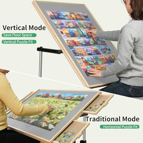 Image of ALL4JIG 2000 Pieces Puzzle Table with Legs and Wheels, 28.50 inchx40.16 inch Wooden Jigsaw Puzzle Table with 4 Drawers & Cover,Vertical Option,Laptop&Drafting Table for Couch,for Lego Building