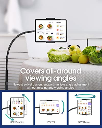 Elitehood Aluminum Ipad Stand For Floor, 14Lb Stable Base & Height Adjustable Ipad Floor Stand, Gooseneck Ipad Holder For Bed & Sofa, Compatible With All Ipad, Ipad Pro, Kindle & More 4.7-13In Tablets #TOP3
