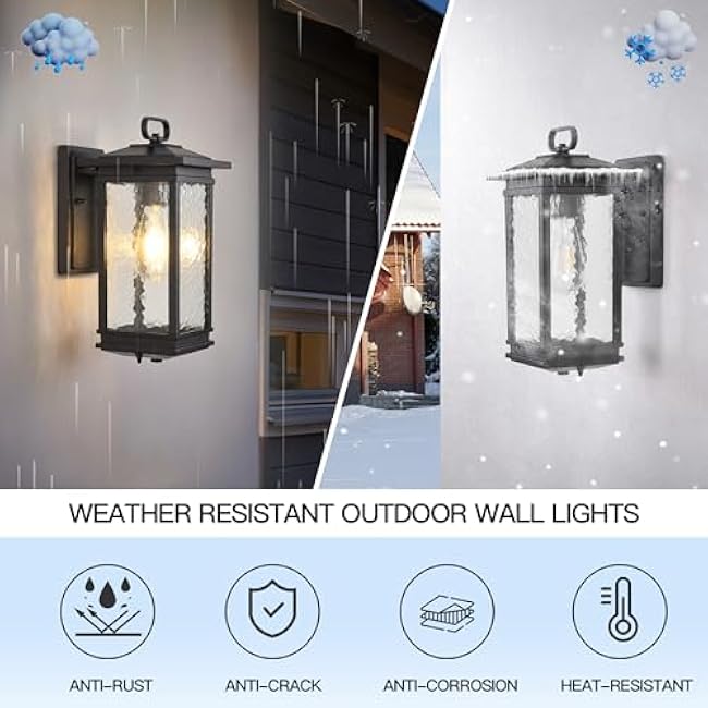Large Outdoor Wall Lantern, Water Glass Exterior Wall Sconce Light Fixture, Matte Black Porch Light Wall Mount, Anti-Rust Aluminum Wall Lighting Fixtures for House, Garage, Patio