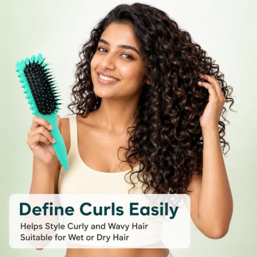 Image of Curl Defining Hair Brush for Curly, Wavy & Frizzy Hair, Flexible Nylon Bristles, Air Cushion Base, Wet & Dry Styling Brush for Women & Men, Mint Green