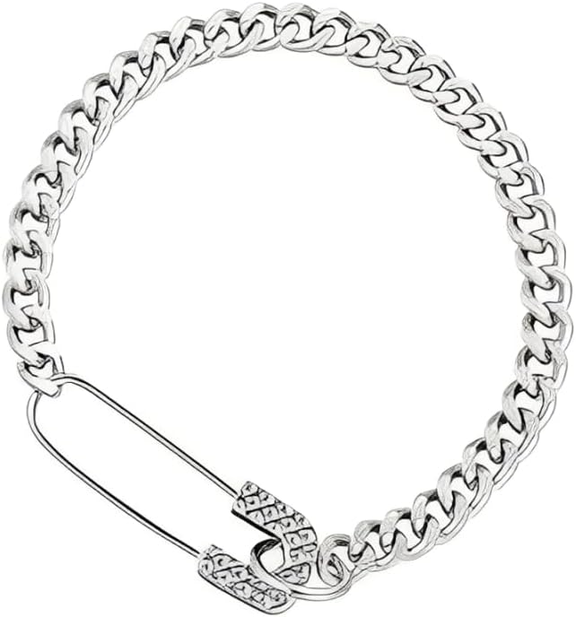 Punk Safety Pin Charm Statement Bracelet for Women Men Trendy Classic Silver Paper Clip Chunky Polished Cuban Chain Bangle Wrist Hip Hop Y2k Fashion Jewelry Gift for Her