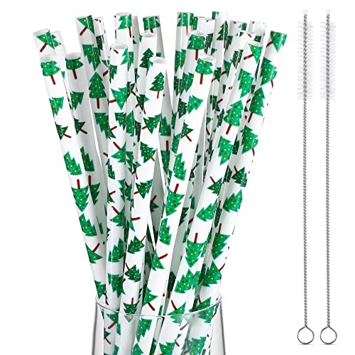 Yetene 24 Pcs Christmas Plastic Reusable Straws 9 Inch Tree Drinking Hard For Tumbler Fun Party Supplies Family Holiday, With 2 Cleaning Brush, Green, One Size #TOP21