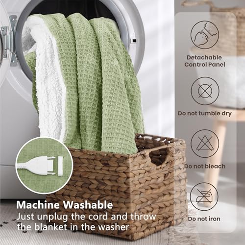 blunique Heated Blanket Electric Blanket King Waffle, 90x100 Inches Dual Controllers Sherpa Fleece Fast Heating Blanket 6 Heating Levels & 10 Hours Auto Off ETL Certification, Sage King