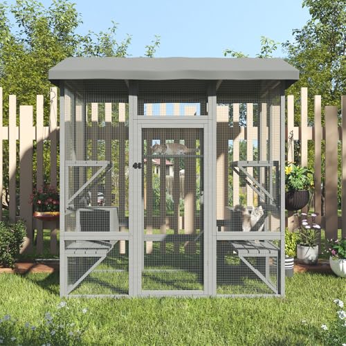 TIMHAKA Cat Catio Outdoor, Large Cat House, Outside Cat Enclosure with Sunshine Panel Roof and Waterproof Cover, Wooden Cat Cage with 7 Platforms & 2 Resting Box, Walk in Feral Cat Shelter, 72 inch