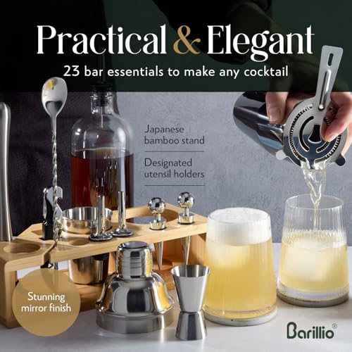 image for Barillio Bartender Kit - Stainless-Steel Cocktail Shaker Set w/Bamboo 