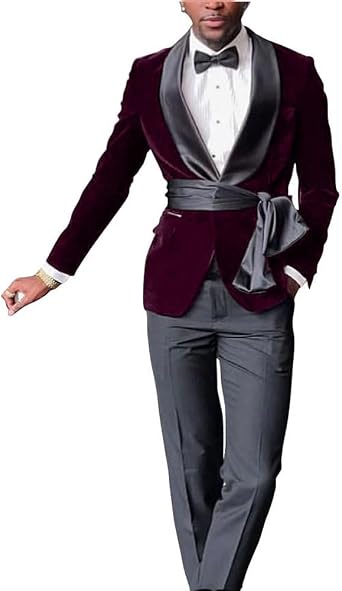 New Men Velvet Shawl Lapel Slim Fit Suit Grooms Wedding Tuxedo Blazer Satin Belt Pants