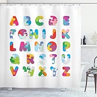 ABAKUHAUS ABC Puzzle Shower Curtain, Alphabet Letters Fun, Cloth Fabric Bathroom Decor Set with Hooks, 94 Inches, Multicolour