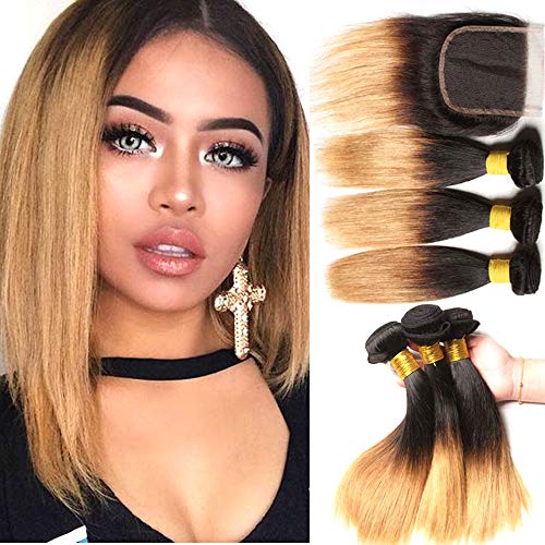 Hairitory 3 Tone Ombre Straight Bundles With Closure Brazilian 8A Virgin T1B/4/27 Human Hair Bundles With Closure 100g/PC So Soft(10 10 10+10 T1B/4/27)