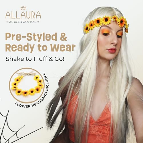 Image of ALLAURA Flower Headband Costume Hippy Wigs for Women 70s Costume + Removable Flower Headband Wig Long Blonde Wig Hippie Women