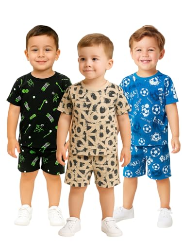 Image of UZARUS Kids Boys' Printed T-Shirt and Shorts Combo Set | Comfortable Summer Wear | Daily Casual Outfit | (Pack of 3)