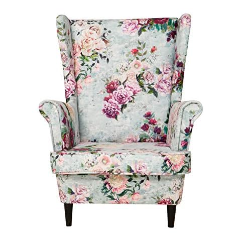 all4all Ohrensessel mit Armlehnen Armlehnesessel Polstersessel Kaminsessel Relaxsessel Skandinavisch Blumenmuster Rosen Blumen Holzfüße Weiß Wenge Nuss Erle Bequem Cover