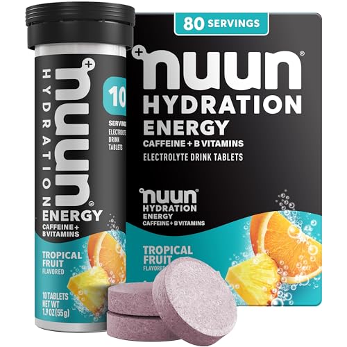 Image of Nuun Energy Caffeine + B Vitamins, Electrolyte Hydration Tablets with Caffeine from Green Tea Extract, Magnesium & 4 Other Electrolytes, Gluten Free, Vegan, Tropical Fruit, 8 Pack (80 Servings Total)
