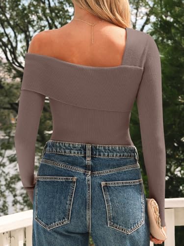 Image of LILLUSORY Womens Off the Shoulder Sweaters Going Out Fall Top | Flattering Ribbed Knit Bodycon Pullover for Date Night,Chic Asymmetric Neckline,Stretchy Holiday Party Clubwear Clothes