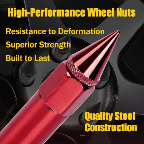 Image of M12 x 1.5 Spike Lug Nuts 20 PCS, Electrophoretic Coating Wheel Lug Nut with Pointed Cap, Weather Resistant Lug Nut Set for Ford, Toyota, Honda, Chevrolet, Nissan, Mazda and More, Red