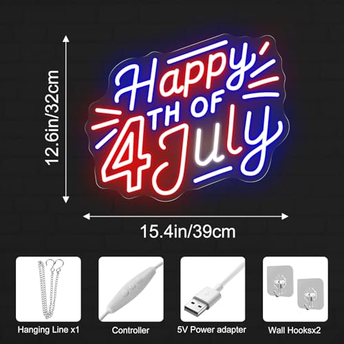 Image of Happy 4TH of July Decors Neon Sign Happy Independence Day Led Sign 4th of July Celebration Light Patriotic Welcome Memorial Day Decoration, 15.4 inchx12.6 inch