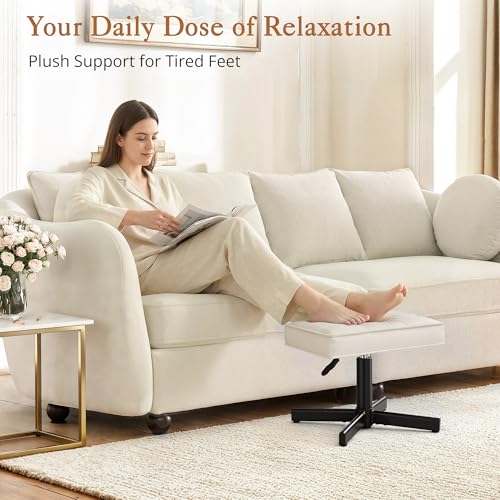 Image of LUE BONA Adjustable Vanity Stool, 15''-19.5'' Foot Rest Under Desk, 360 Swivel Vanity Chair for Makeup Room, Cream Upholstered Faux Leather Ottoman for Bathroom & Living Room, 300lbs