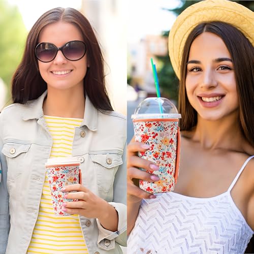 Image of KJQJLY 3 Pack Reusable Iced Coffee Sleeves for Iced Coffee Cups or Drinks Reusable Neoprene Insulated Sleeves for Hot and Cold Drinks from Starbucks, Dunkin, And More (Light orange floral)