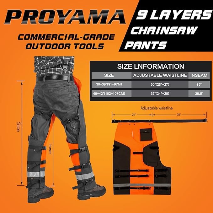 PROYAMA Chainsaw Chaps for Cutting and Logging, 9 Layers Lightweight, Chainsaw Pants Adjustable Belt, 40-42 Inch