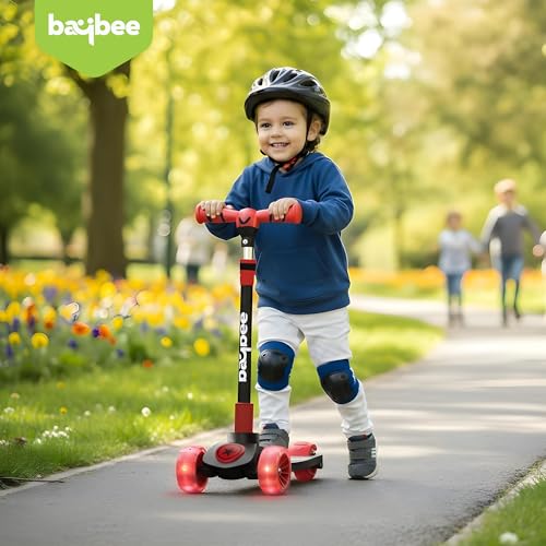 Image of Baybee Kitty Kick Scooter for Kids | Foldable 3 Wheel Kid Scooter with 4 Height Adjustable Handle & Brake | Skate Scooters with LED PU Wheels | Runner Scooters for Kids 3 to 10 Years Boys Girls (Red)